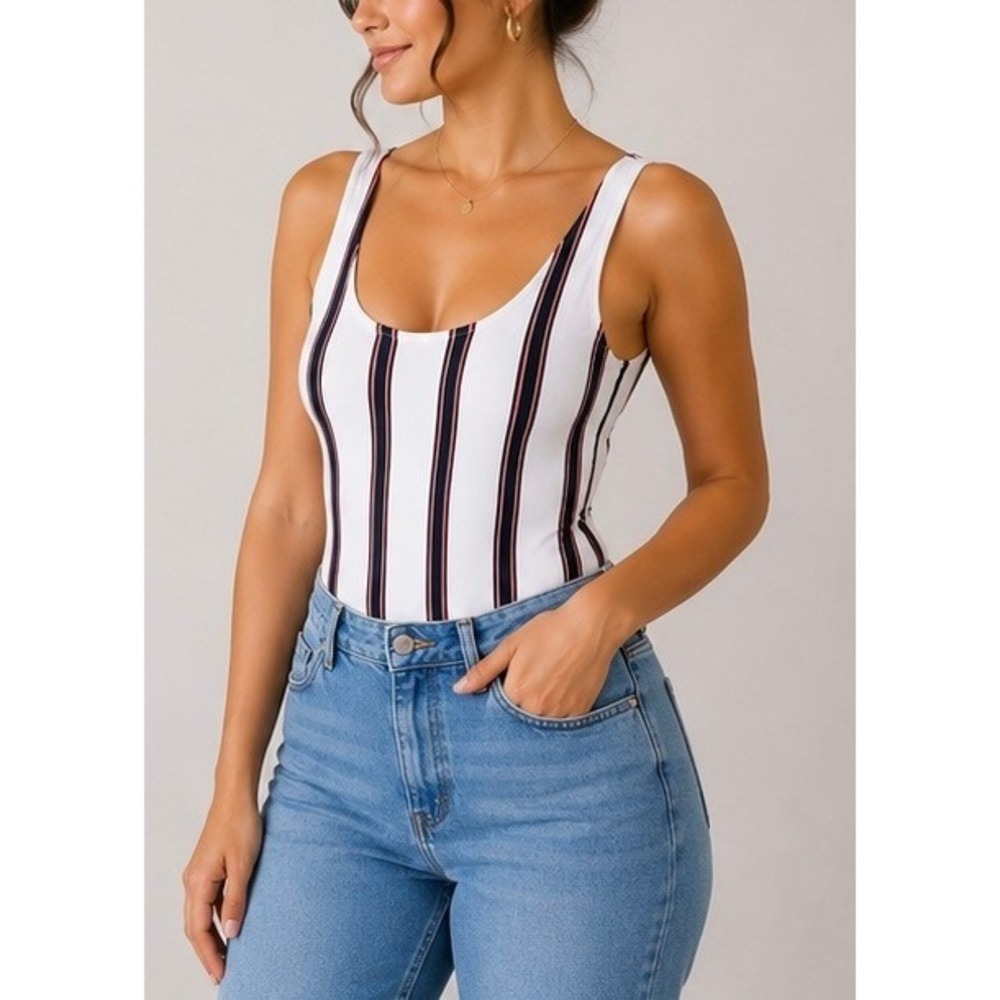 Womens White Vertical Stripe Scoop Neck Bodysuit Navy Red Stripe Size-S